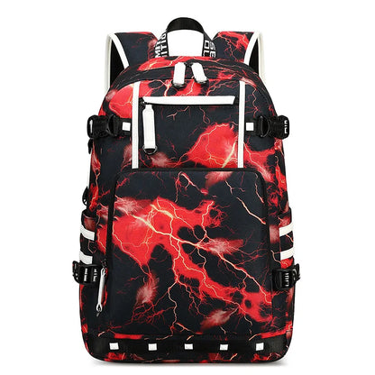 Backpack with red and black lightning pattern on a white background