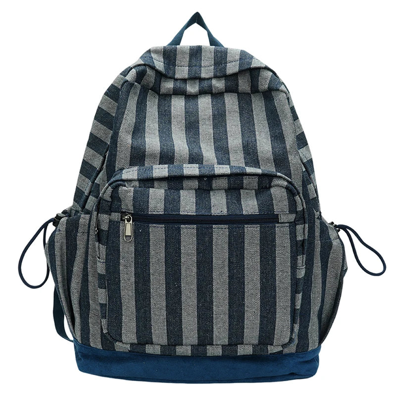 Striped backpack with blue accents on a white background
