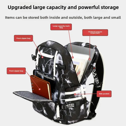 Black marble-patterned backpack with labeled compartments on a white background