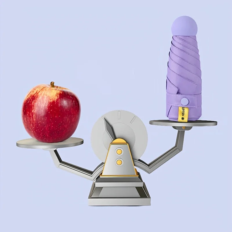 Balanced scale with an apple on one side and a purple ice cream cone on the other against a light blue background