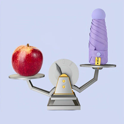 Balanced scale with an apple on one side and a purple ice cream cone on the other against a light blue background