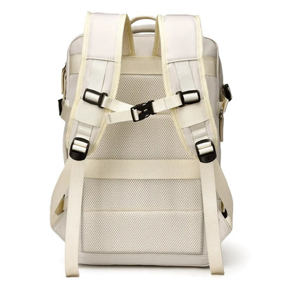 Back view of a beige backpack with straps on a white background