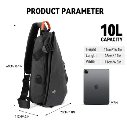 Black sling bag with dimensions and capacity details on a white background