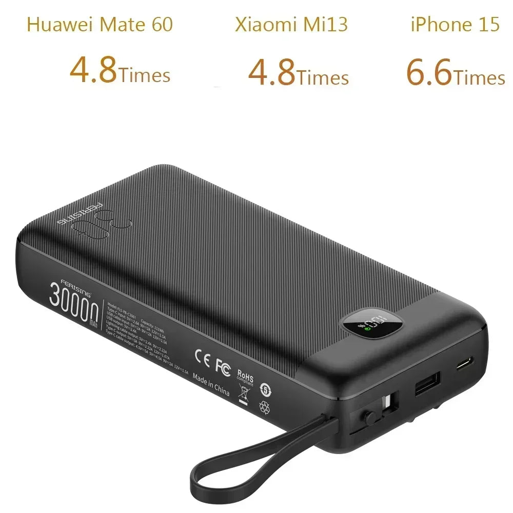 Black power bank with charging specifications on a white background