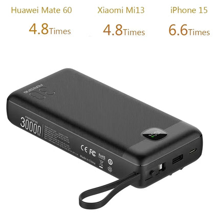 Black power bank with charging specifications on a white background