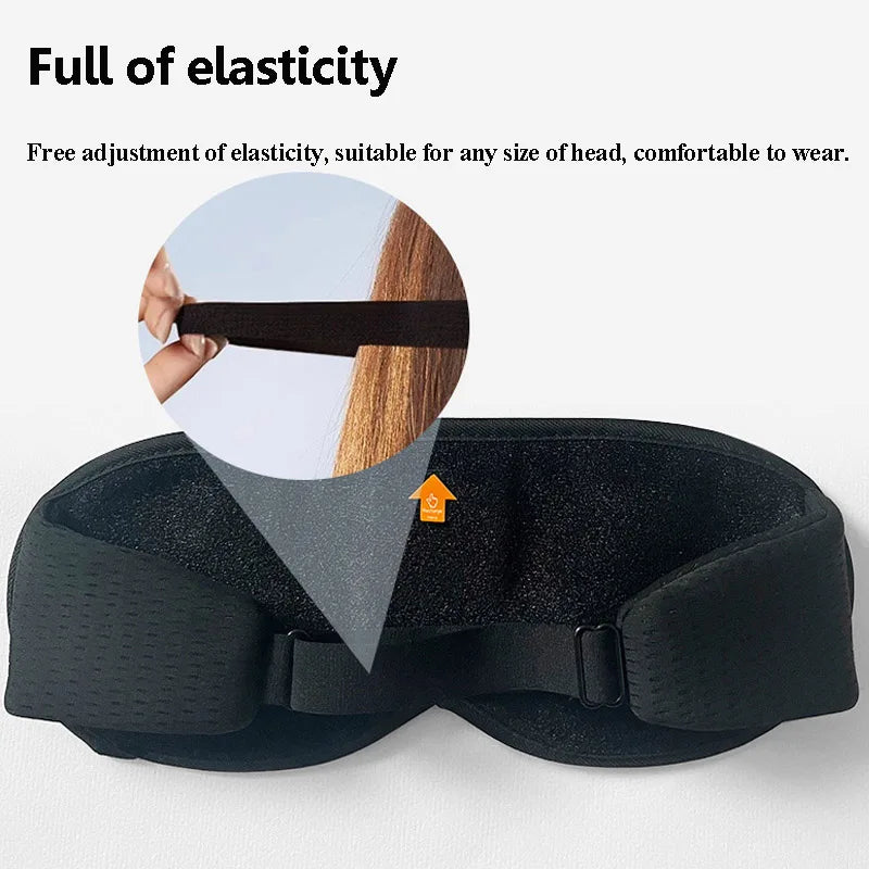 Black sleep mask with adjustable strap on a white background