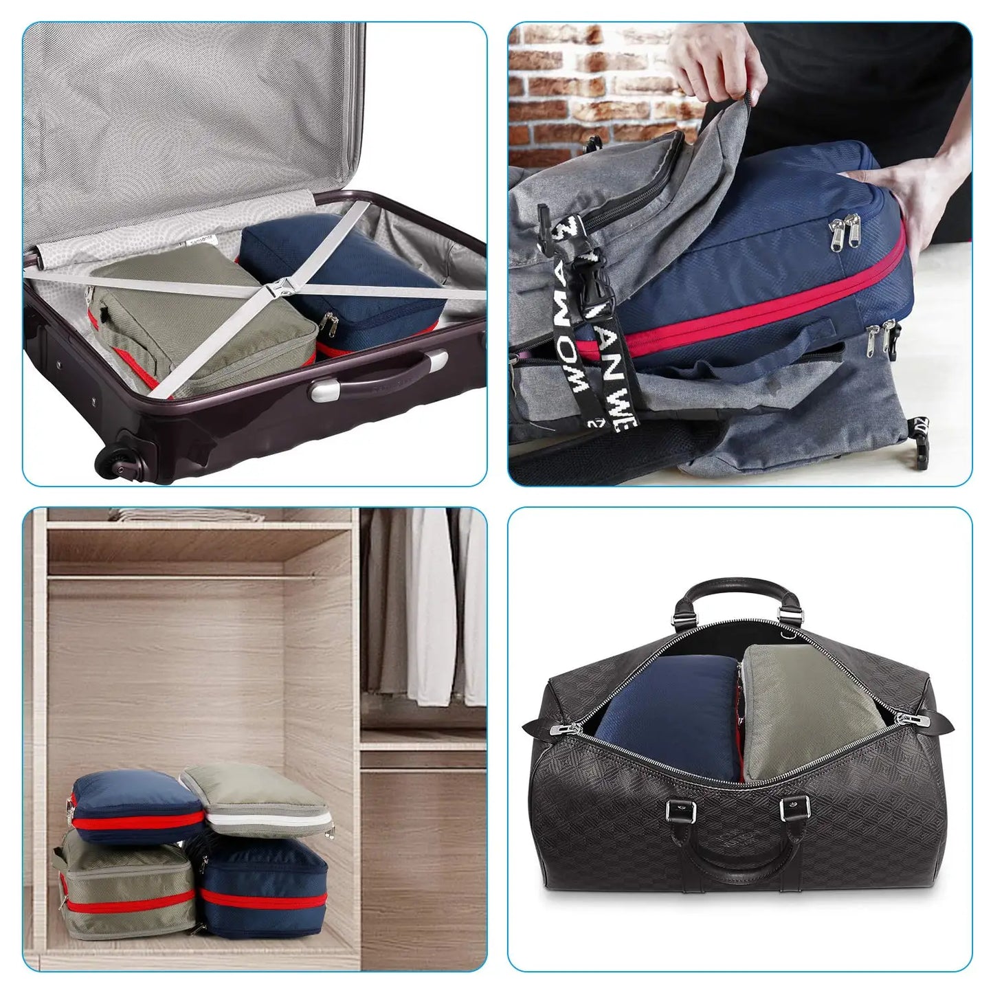 Collage of travel bags and packing cubes with a focus on organization and storage.