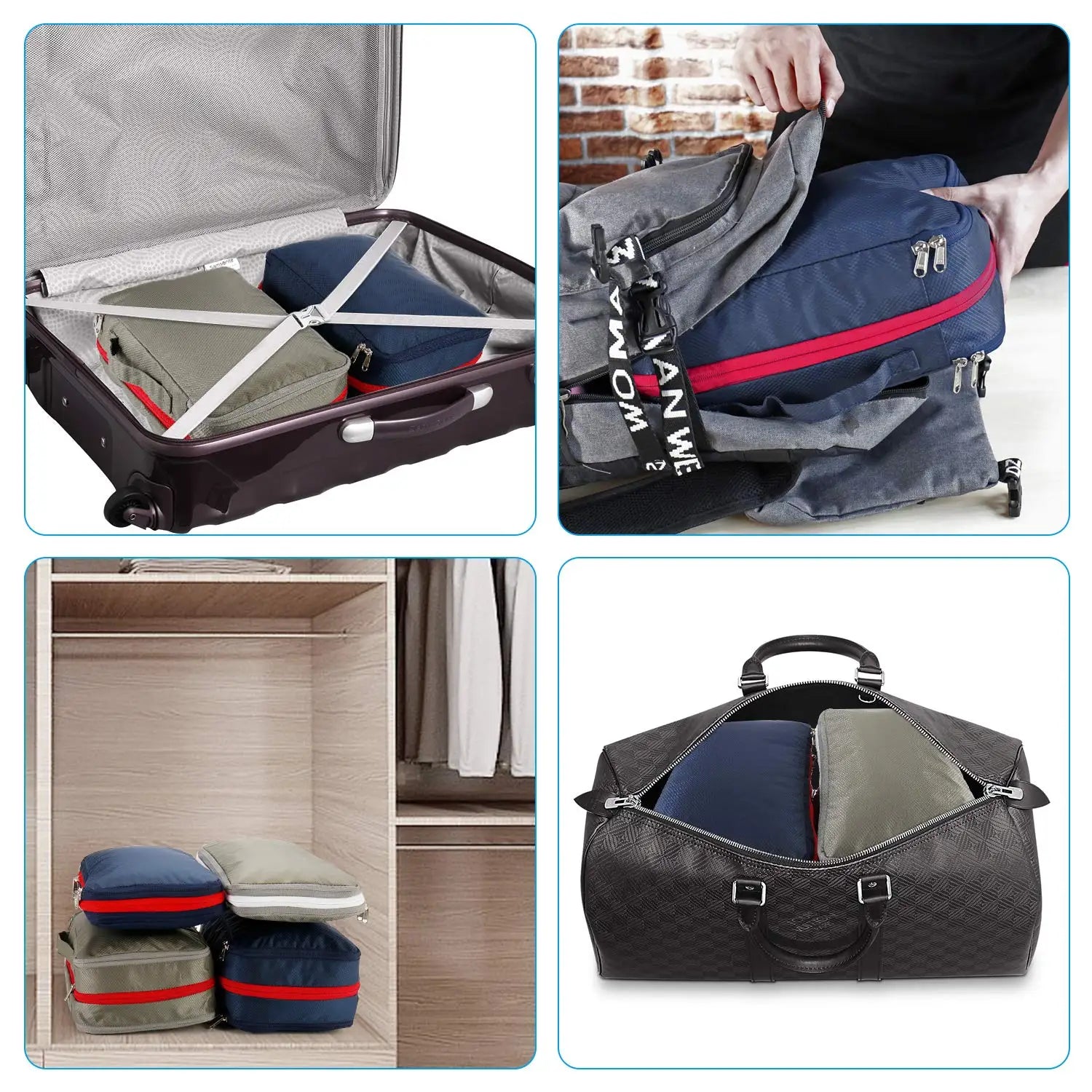 Collage of travel bags and packing cubes with a focus on organization and storage.