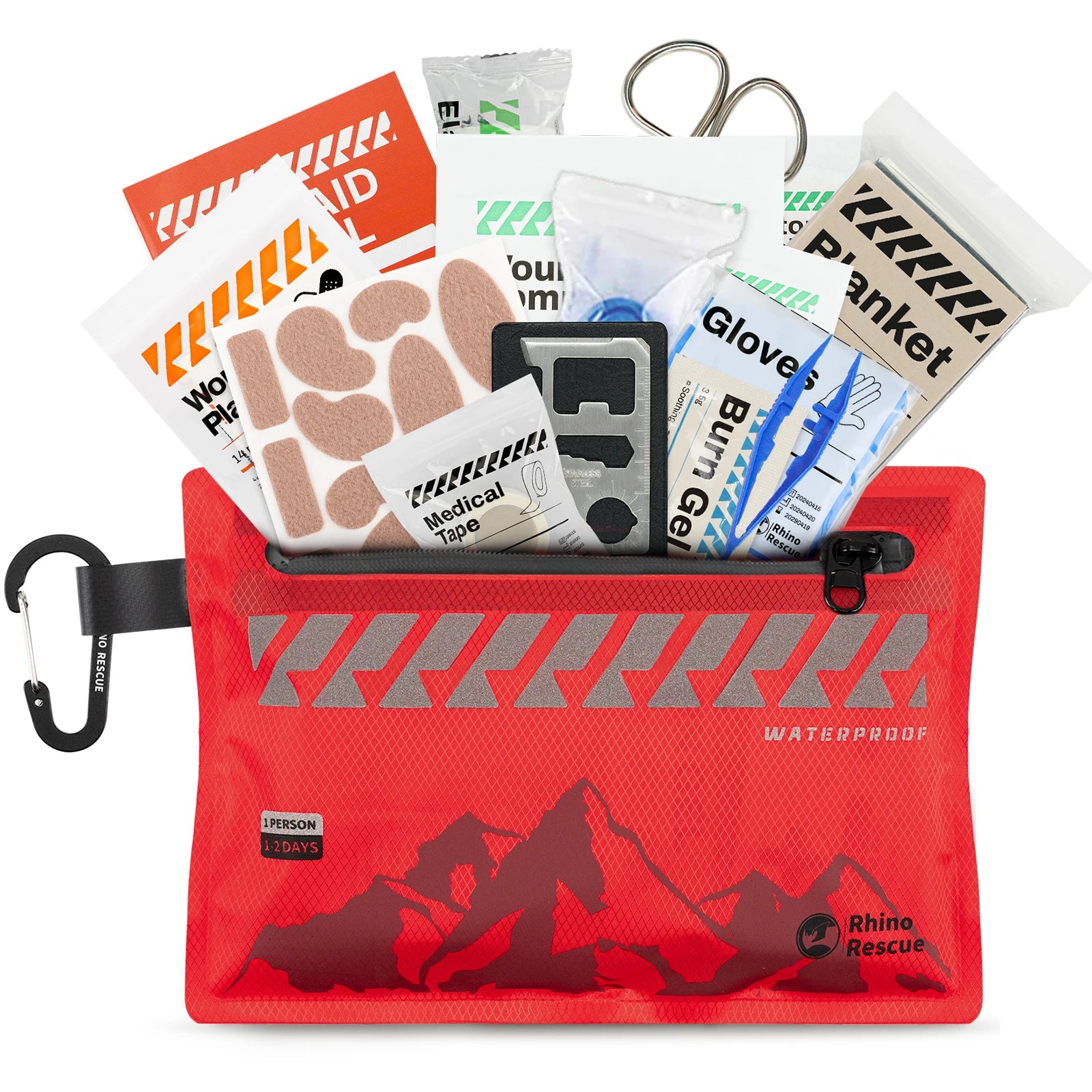 Red emergency kit with mountain design on a white background