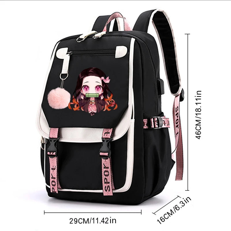 Black backpack with anime character design and measurements on a white background
