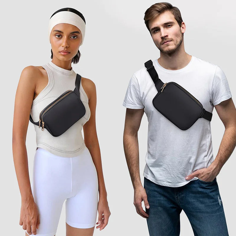 Man and woman wearing black waist bags on a plain background