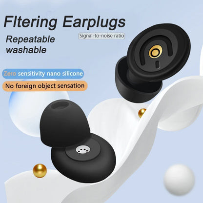 Black earplugs with text highlighting features on a light blue background