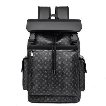 Black backpack with a patterned front section on a white background