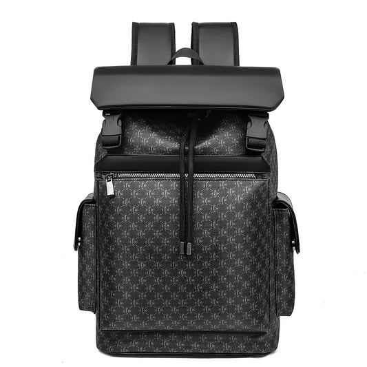 Black backpack with a patterned front section on a white background
