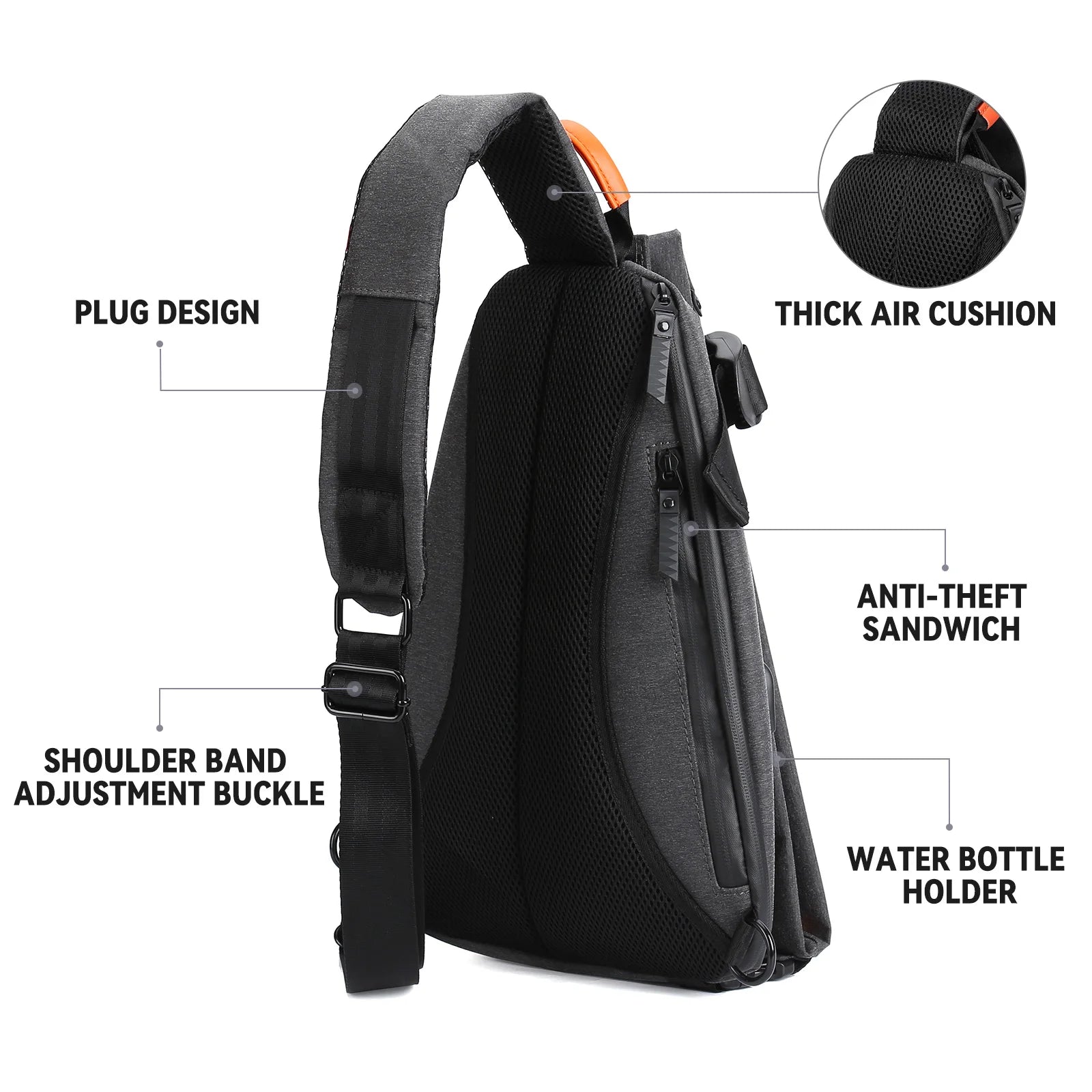 Black sling bag with features labeled on a white background
