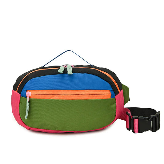 Colorful waist bag with multiple compartments on a white background