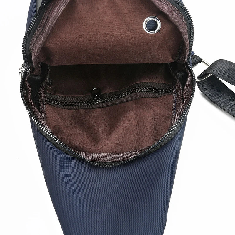 Blue bag with open zipper showing brown interior on a white background