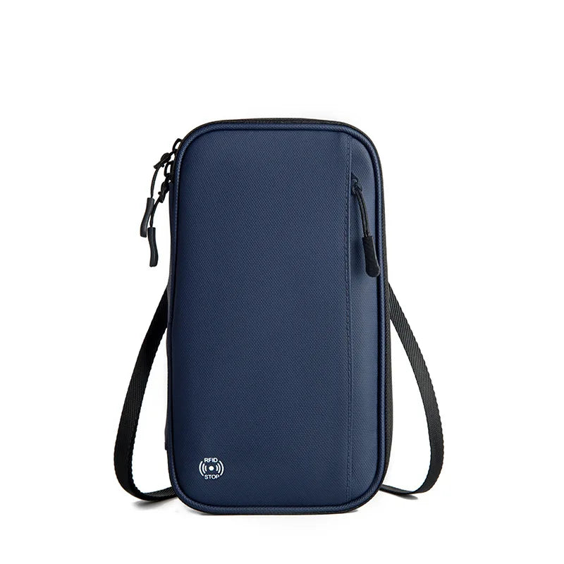 Blue crossbody bag with a strap on a white background