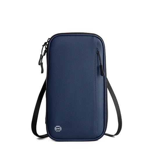 Blue crossbody bag with a strap on a white background