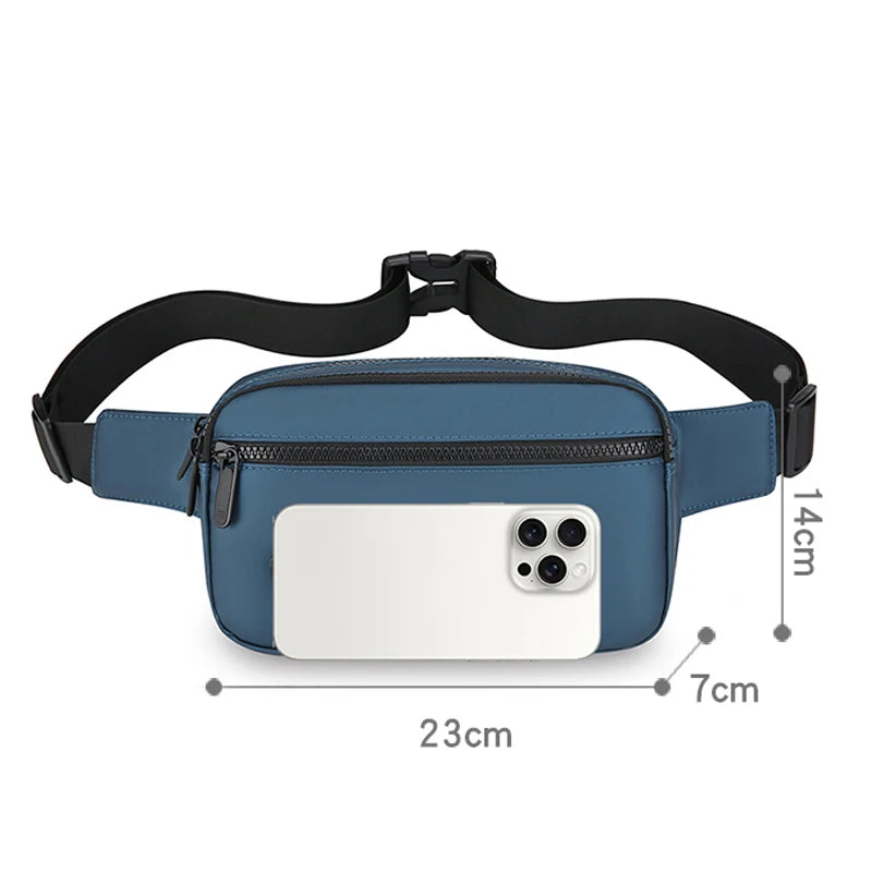Blue and white waist bag with measurements on a white background