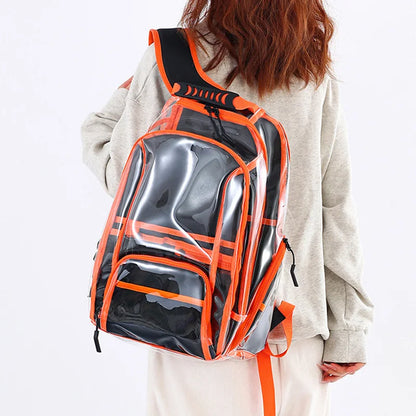 Person wearing a transparent backpack with orange accents on a white background