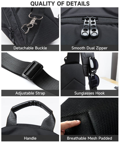 Collage of black bag features including detachable buckle, smooth dual zipper, adjustable strap, sunglasses hook, handle, and breathable mesh padding.