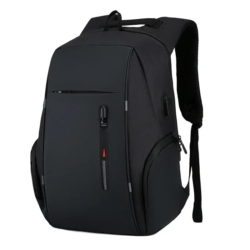 Black backpack with multiple pockets and zippers on a white background