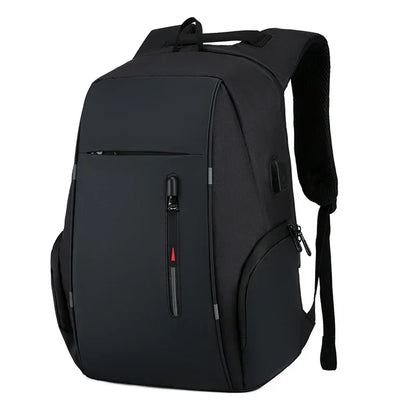 Black backpack with multiple pockets and zippers on a white background