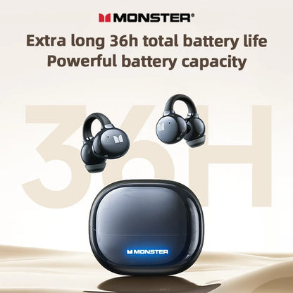 Monster wireless earbuds with charging case on a beige background, featuring text about battery life.