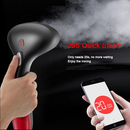 Handheld steam cleaner with smartphone app displaying '20S Quick Steam' on a dark background