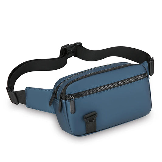 Blue waist bag with black zippers and strap on a white background