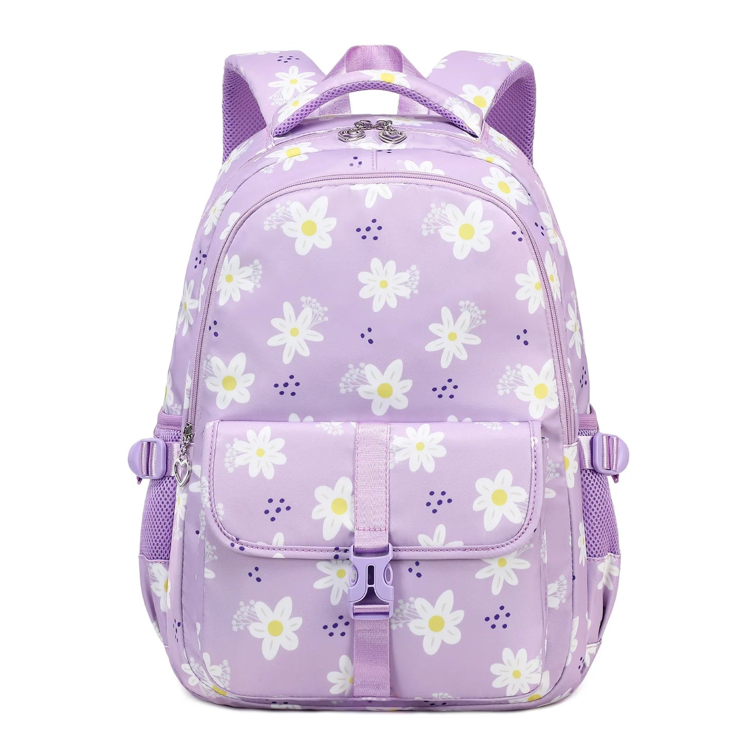 Purple backpack with white floral pattern on a white background