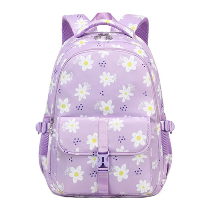Purple backpack with white floral pattern on a white background