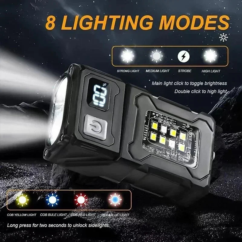 Black flashlight with digital display and multiple lighting modes on a dark background