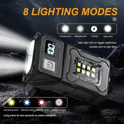 Black flashlight with digital display and multiple lighting modes on a dark background