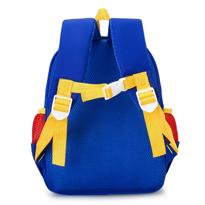 Blue backpack with yellow straps on a white background