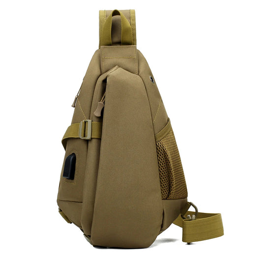 Khaki sling bag with a strap on a white background