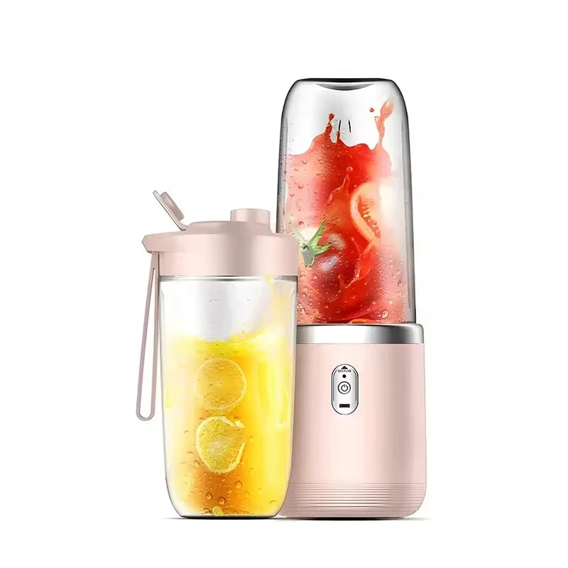 Portable blender with a clear container filled with lemon slices and a pink lid on a white background.