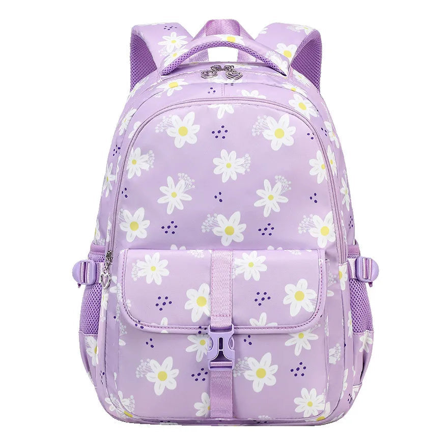 Purple backpack with white floral pattern on a white background