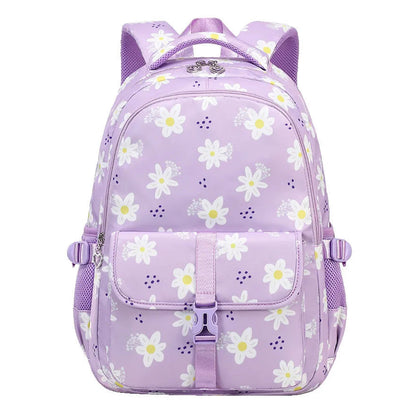 Purple backpack with white floral pattern on a white background
