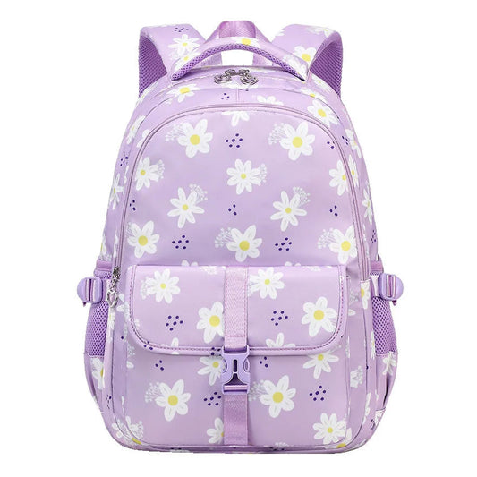 Purple backpack with white floral pattern on a white background
