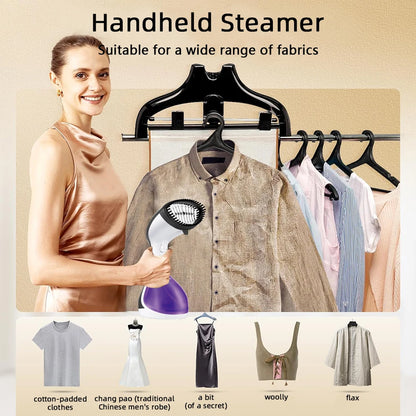 Handheld steamer with a woman holding it, surrounded by hanging clothes on a rack.