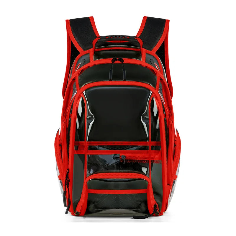 Red and black backpack on a white background