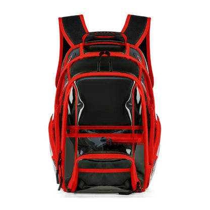 Red and black backpack on a white background