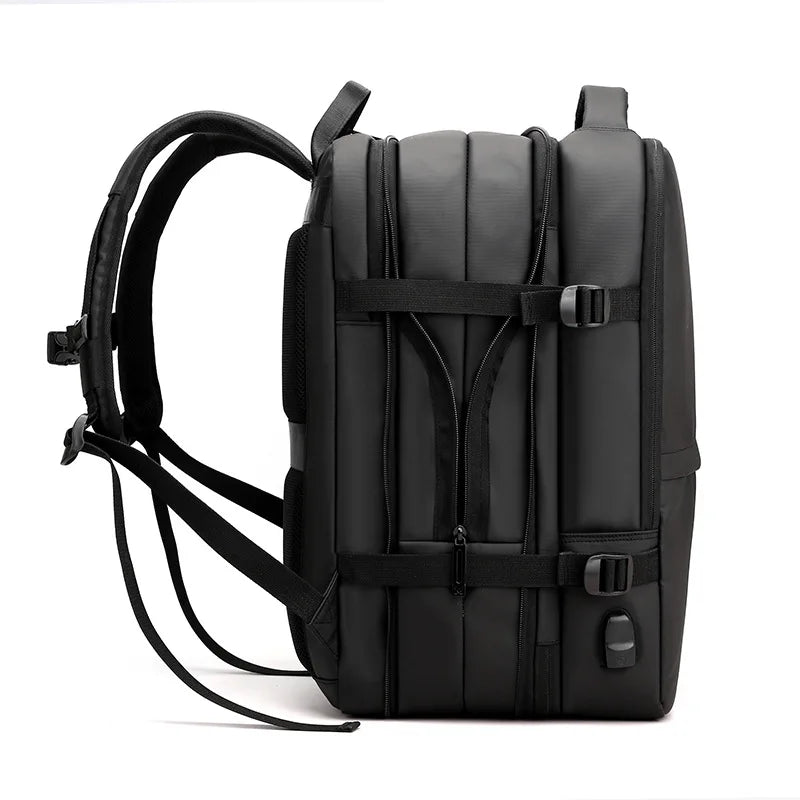 Black backpack with straps on a white background
