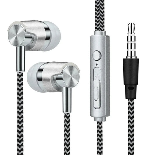 Silver earbud headphones with control cable on a white background