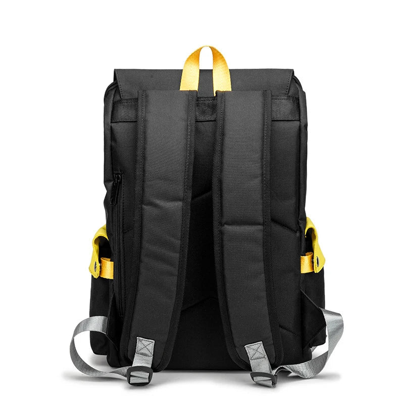 Black backpack with yellow straps on a white background