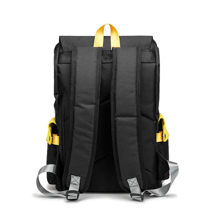 Black backpack with yellow straps on a white background