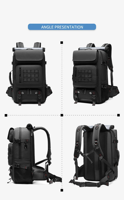 Black backpack shown from multiple angles on a white background