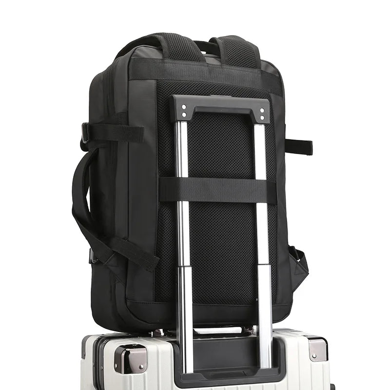 Black backpack with wheels on a white background
